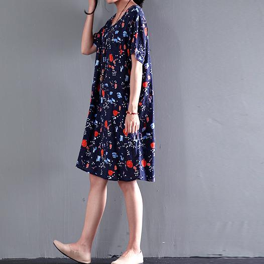 Navy print cotton dress for summer short shift dress plus size