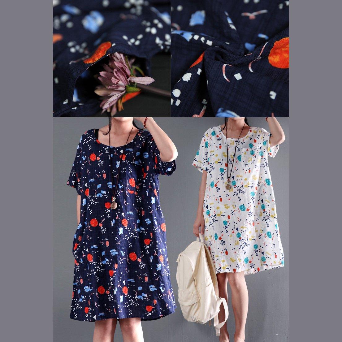 Navy print cotton dress for summer short shift dress plus size