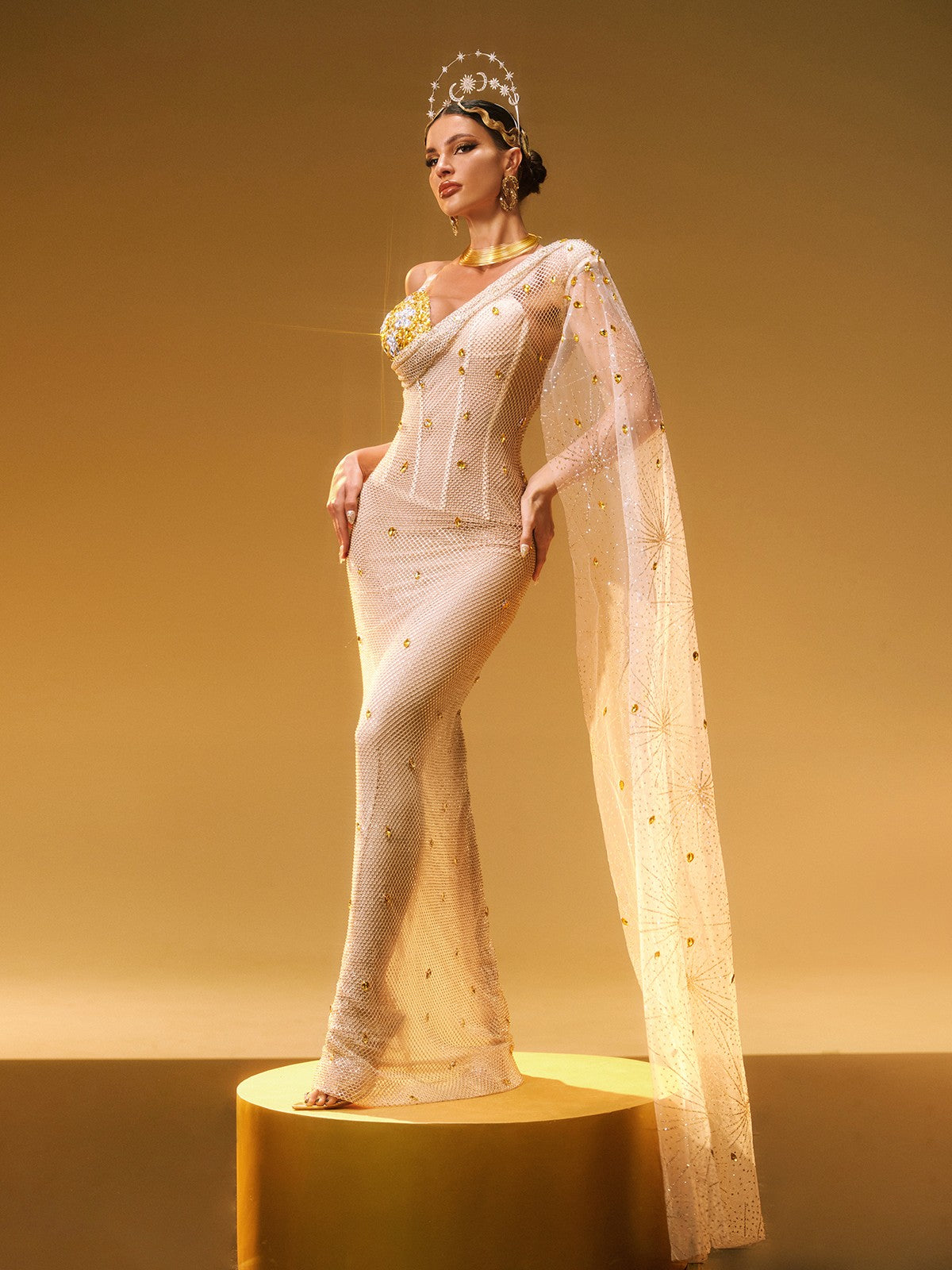 One Shoulder Rhinestone Maxi Dress - View 5