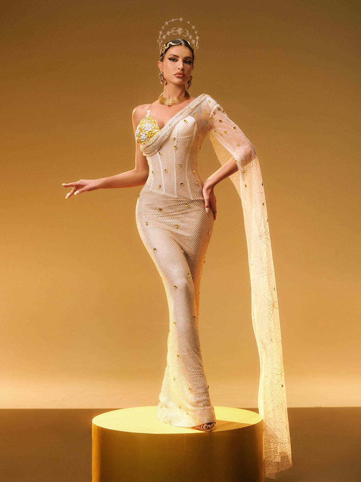 One Shoulder Rhinestone Maxi Dress - View 4
