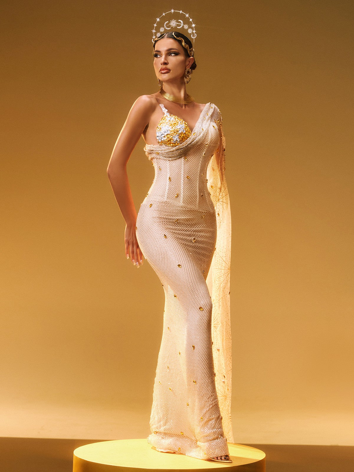 One Shoulder Rhinestone Maxi Dress - View 3