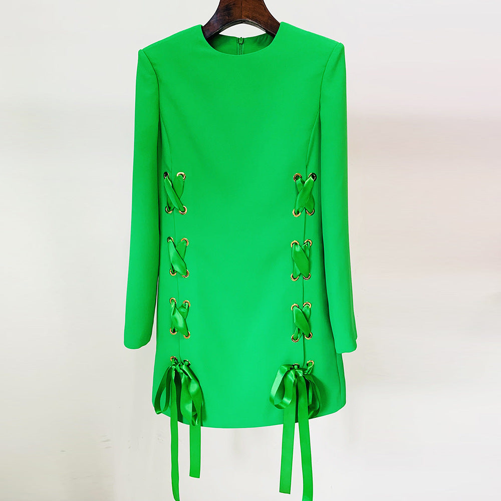 Lace Up Side Long Sleeve Shift Mini Dress