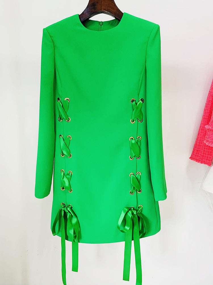 Lace Up Side Long Sleeve Shift Mini Dress 12