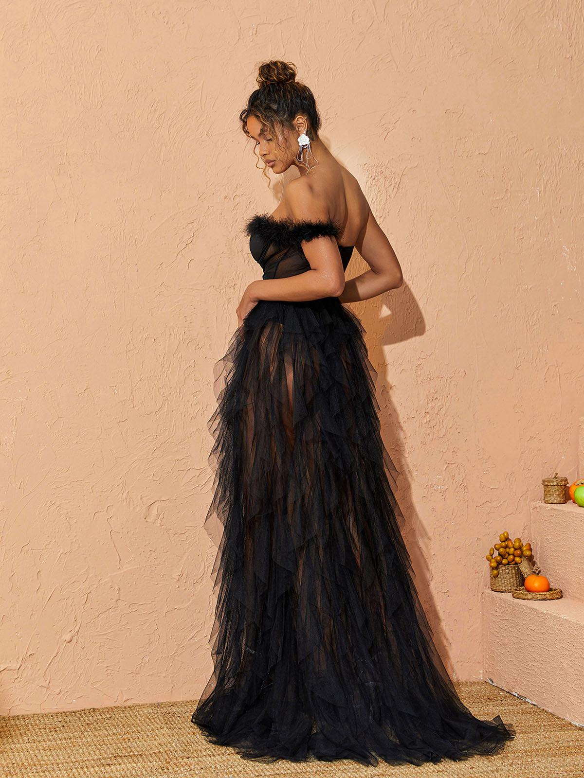 One Shoulder Tulle Maxi Dress In Black - View 6