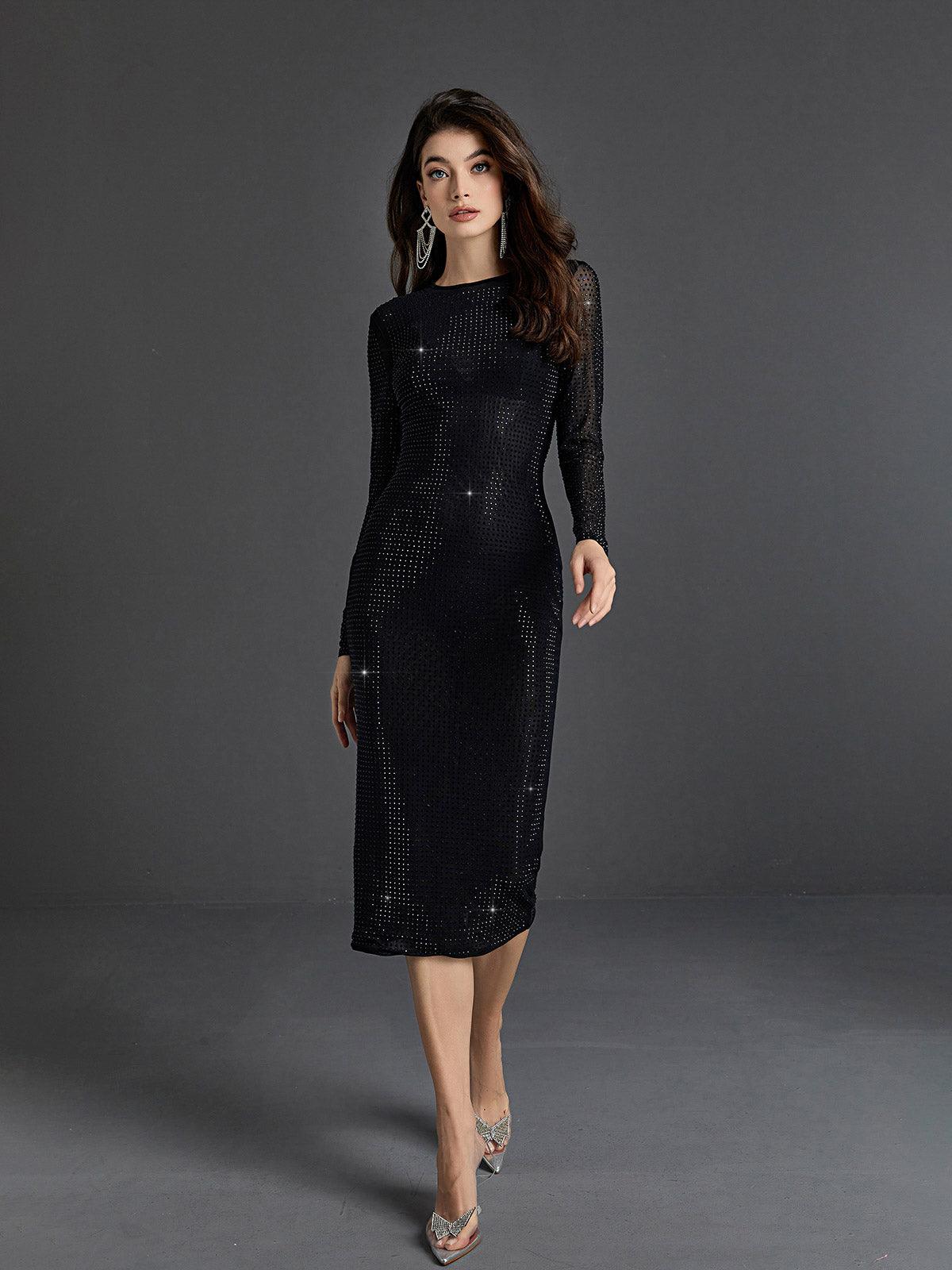 Rhinestone Round Neck Long Sleeve Bodycon Midi Dress