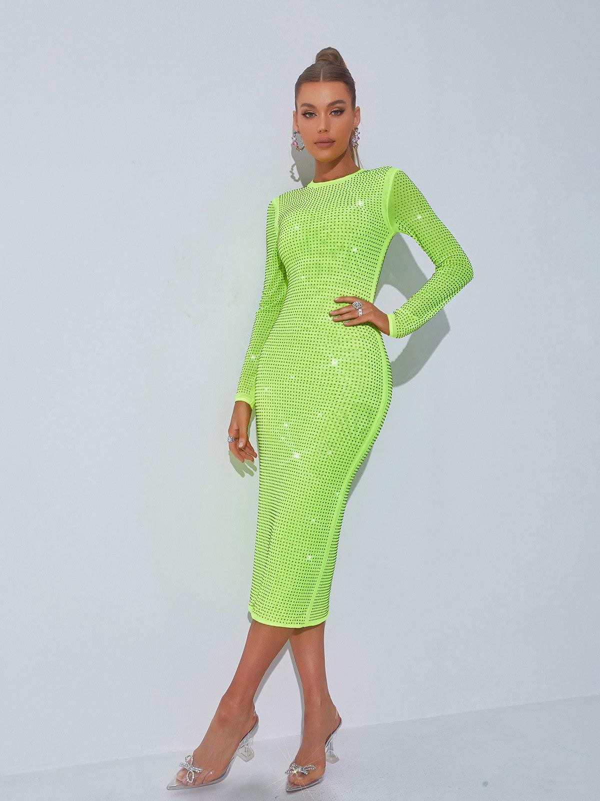 Rhinestone Round Neck Long Sleeve Bodycon Midi Dress