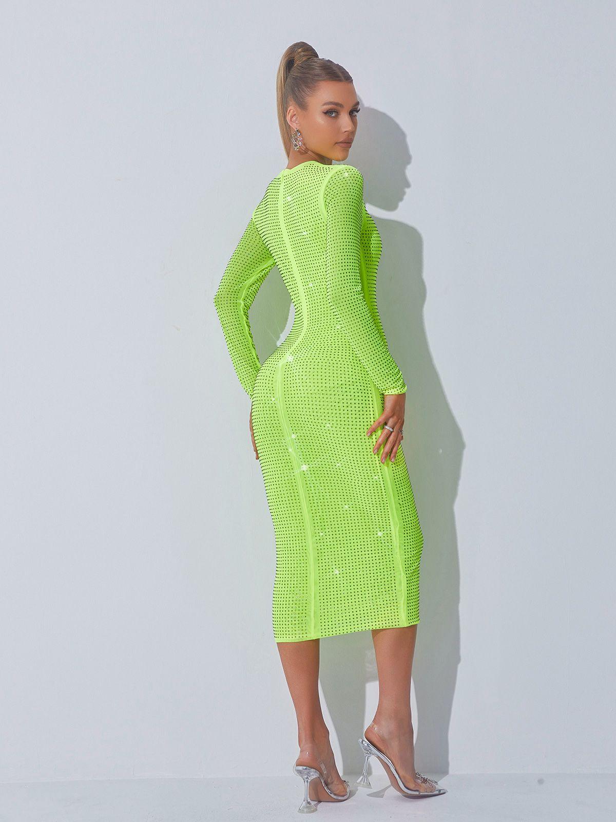 Rhinestone Round Neck Long Sleeve Bodycon Midi Dress