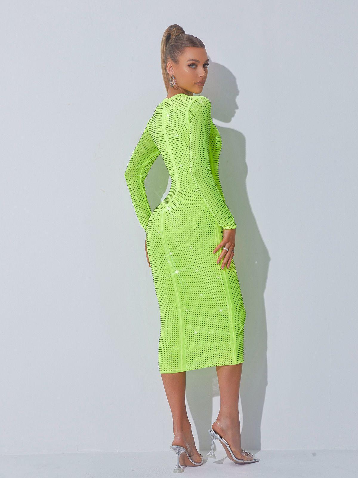 Rhinestone Mesh Long Sleeve Crew Neck Bodycon Midi Dress