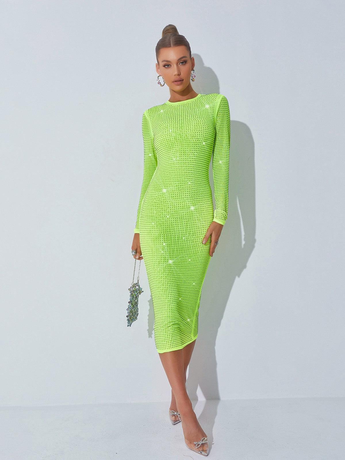 Rhinestone Mesh Long Sleeve Crew Neck Bodycon Midi Dress