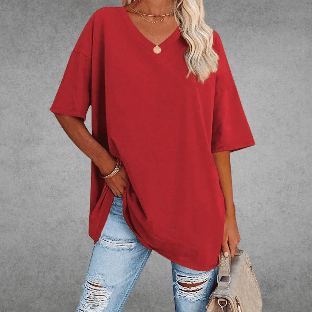V-Neck Short Sleeve Oversized Drop Shoulder Tunic Top