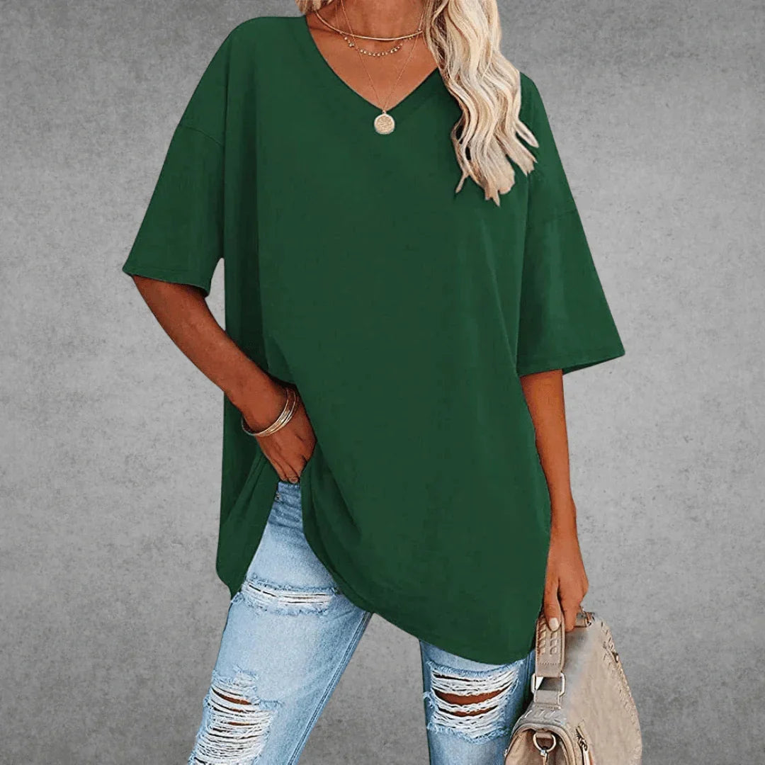 V-Neck Short Sleeve Oversized Drop Shoulder Tunic Top
