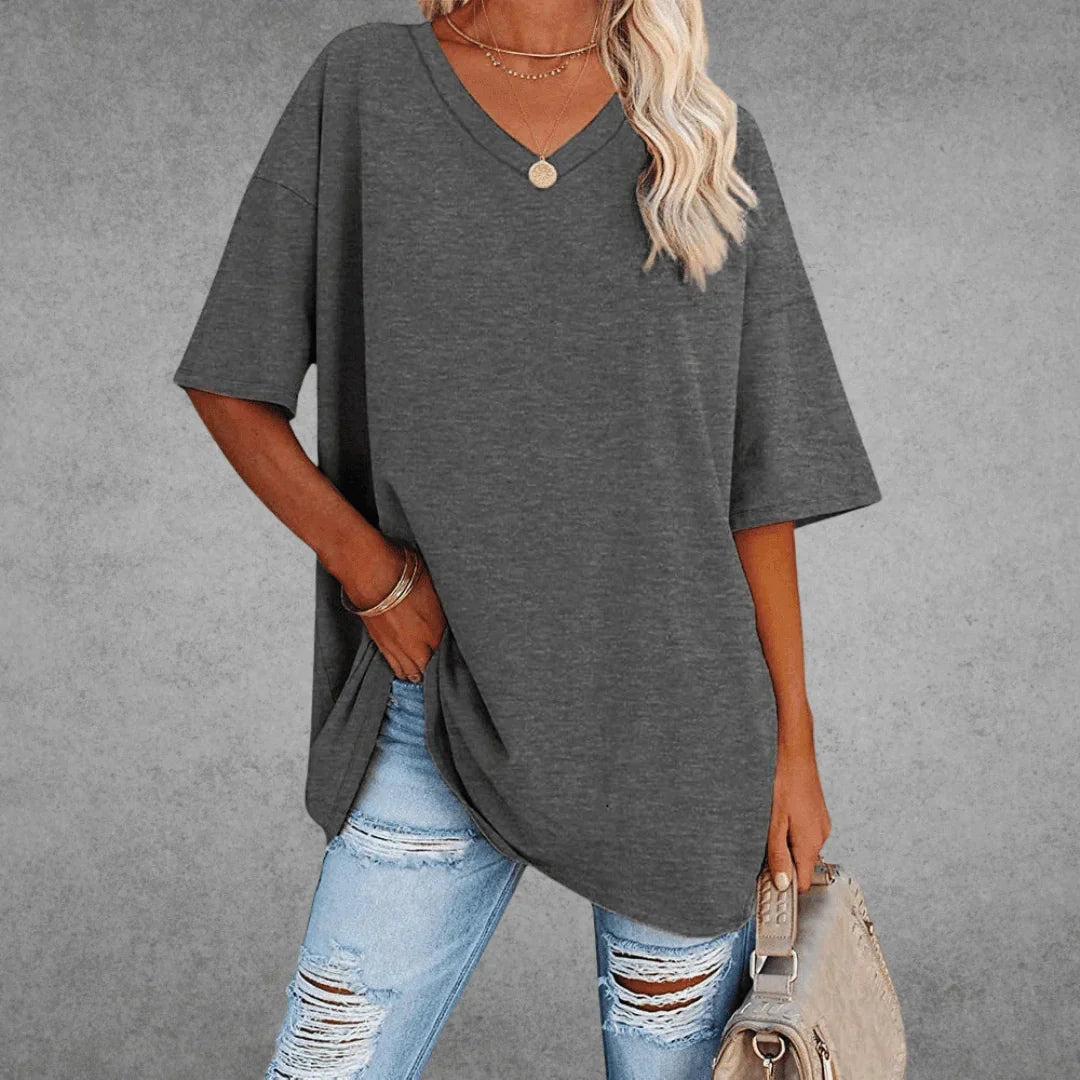V-Neck Short Sleeve Oversized Drop Shoulder Tunic Top