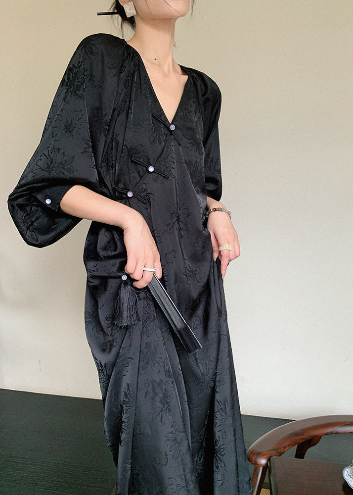 Jacquard Floral Frog Button Lantern Sleeve Maxi Dress