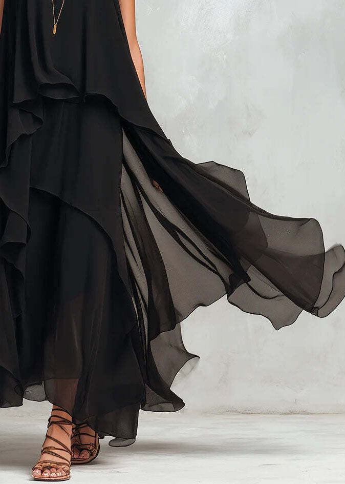 Sleeveless Round Neck Asymmetric Tiered Layered Chiffon Maxi Dress
