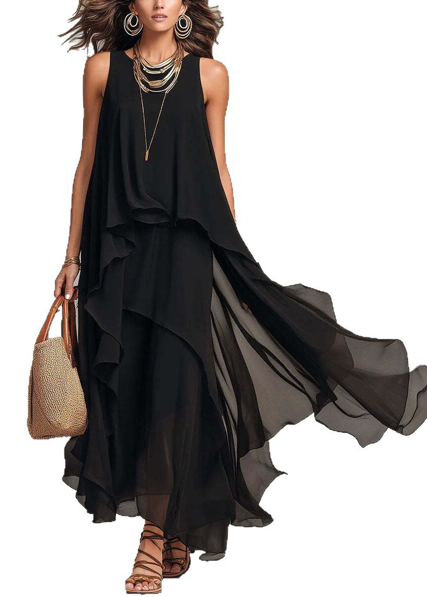Sleeveless Round Neck Asymmetric Tiered Layered Chiffon Maxi Dress