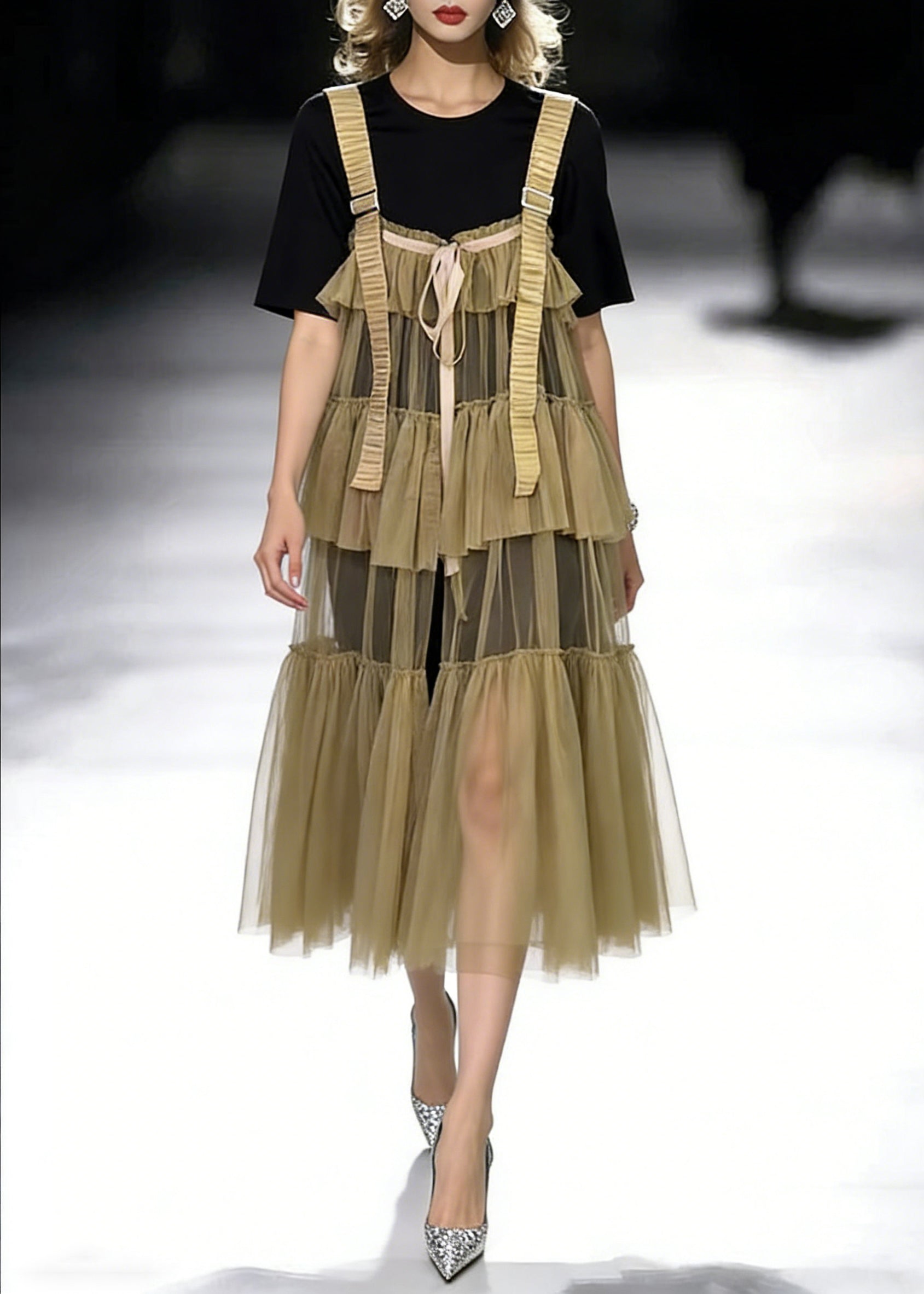 Crew Neck Short Sleeve T-Shirt Tiered Tulle Buckle Strap Wrinkled Midi Dress Two Piece Set