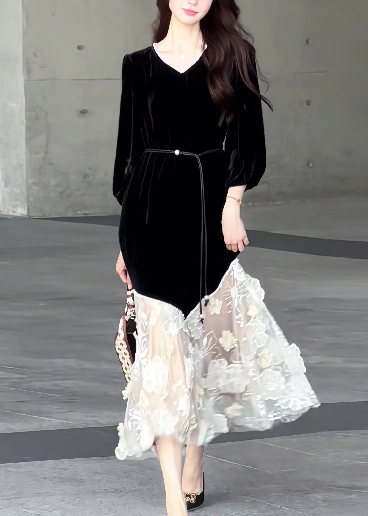 Velvet V-Neck Lantern Sleeve Asymmetric Lace Tulle Hem Midi Dress