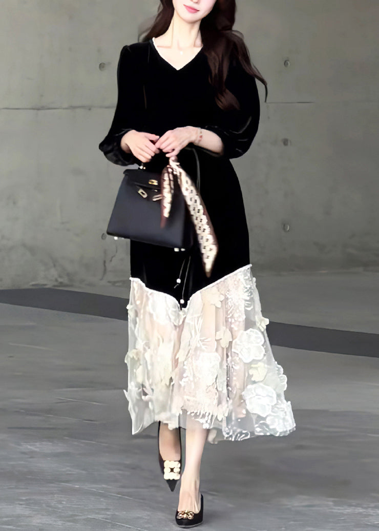 Velvet V-Neck Lantern Sleeve Asymmetric Lace Tulle Hem Midi Dress