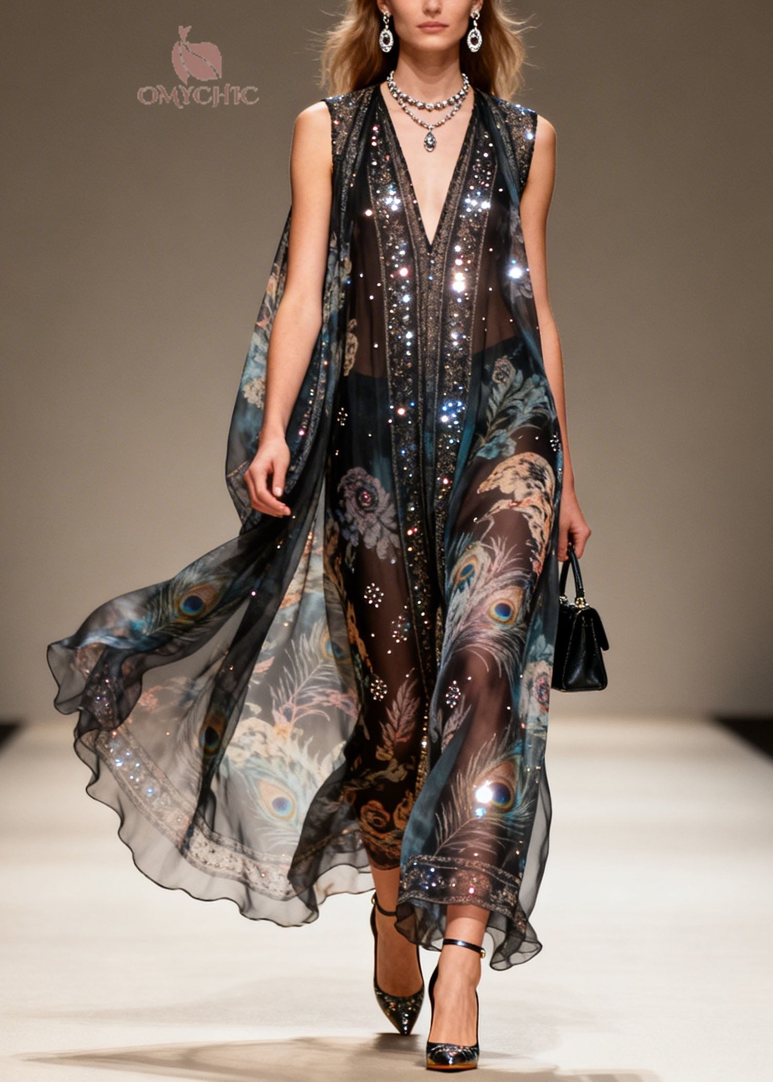 Sequin Chiffon Peacock Floral Print Deep V-Neck Cape Sleeveless Maxi Gown