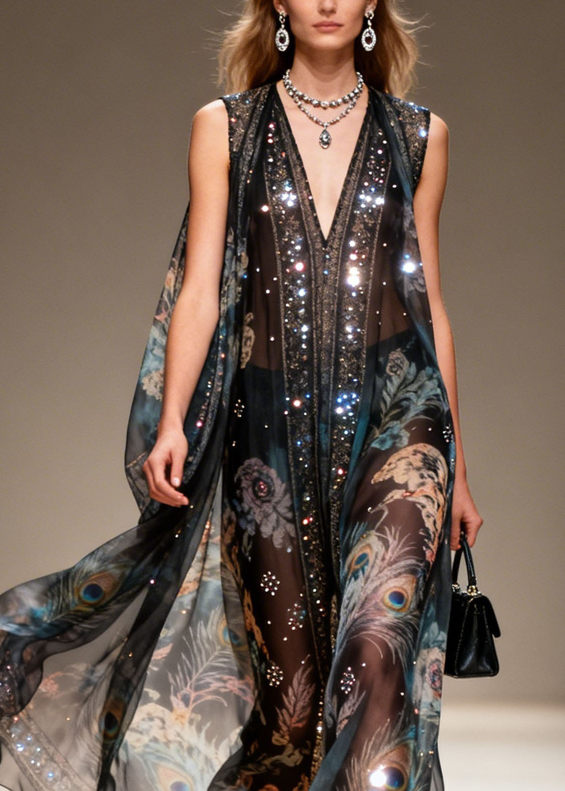 Sequin Chiffon Peacock Floral Print Deep V-Neck Cape Sleeveless Maxi Gown