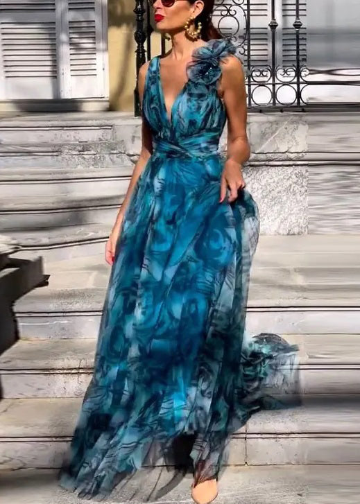 Abstract Print One Shoulder Floral Appliqué Deep V-Neck Cinched Waist Pleated Maxi Gown