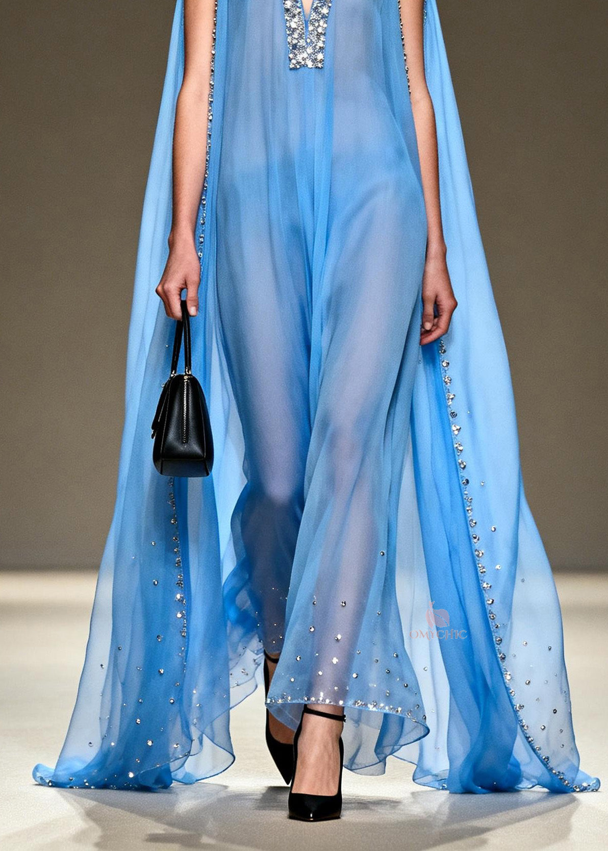 New Blue V Neck Zircon Patchwork Chiffon Maxi Dresses Summer 4