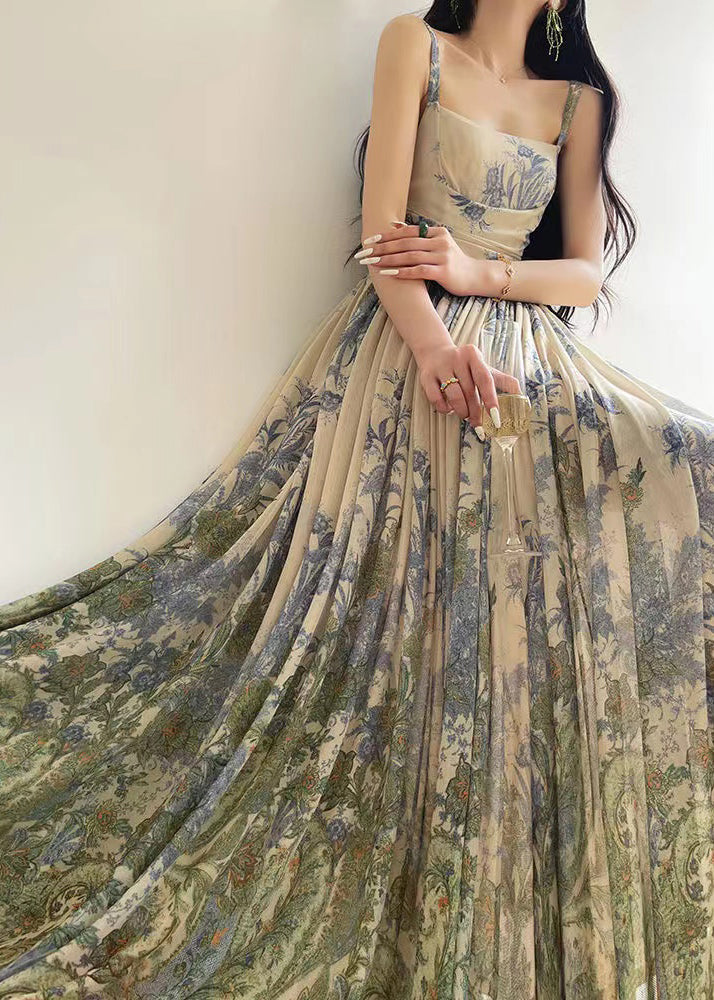 Spaghetti Strap Square Neck Botanical Print Pleated Chiffon Maxi Dress