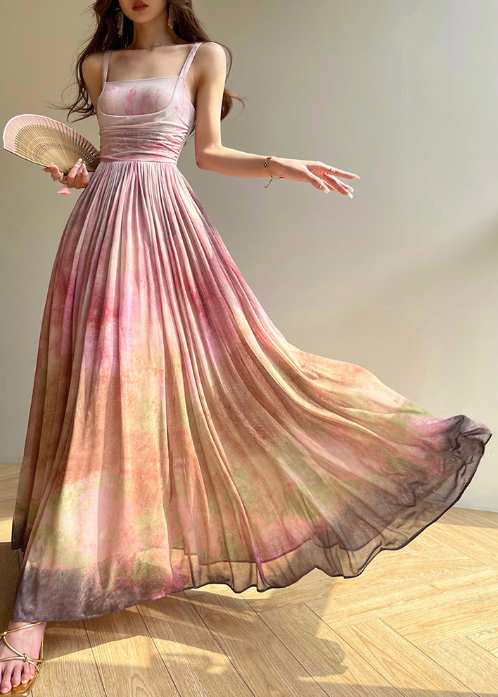 Spaghetti Strap Square Neck Botanical Print Pleated Chiffon Maxi Dress