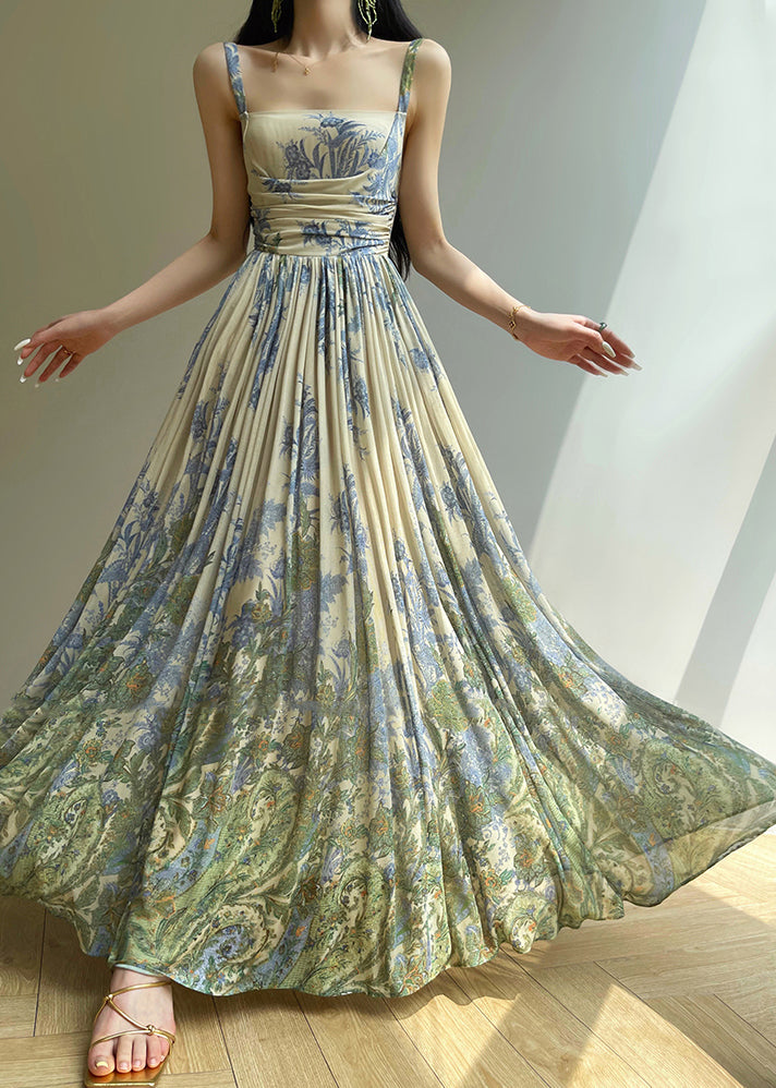 Spaghetti Strap Square Neck Botanical Print Pleated Chiffon Maxi Dress