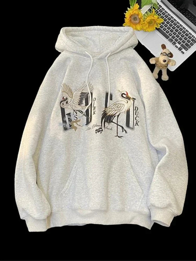 Crane Embroidery Letter Print Drawstring Pullover Hoodie 9
