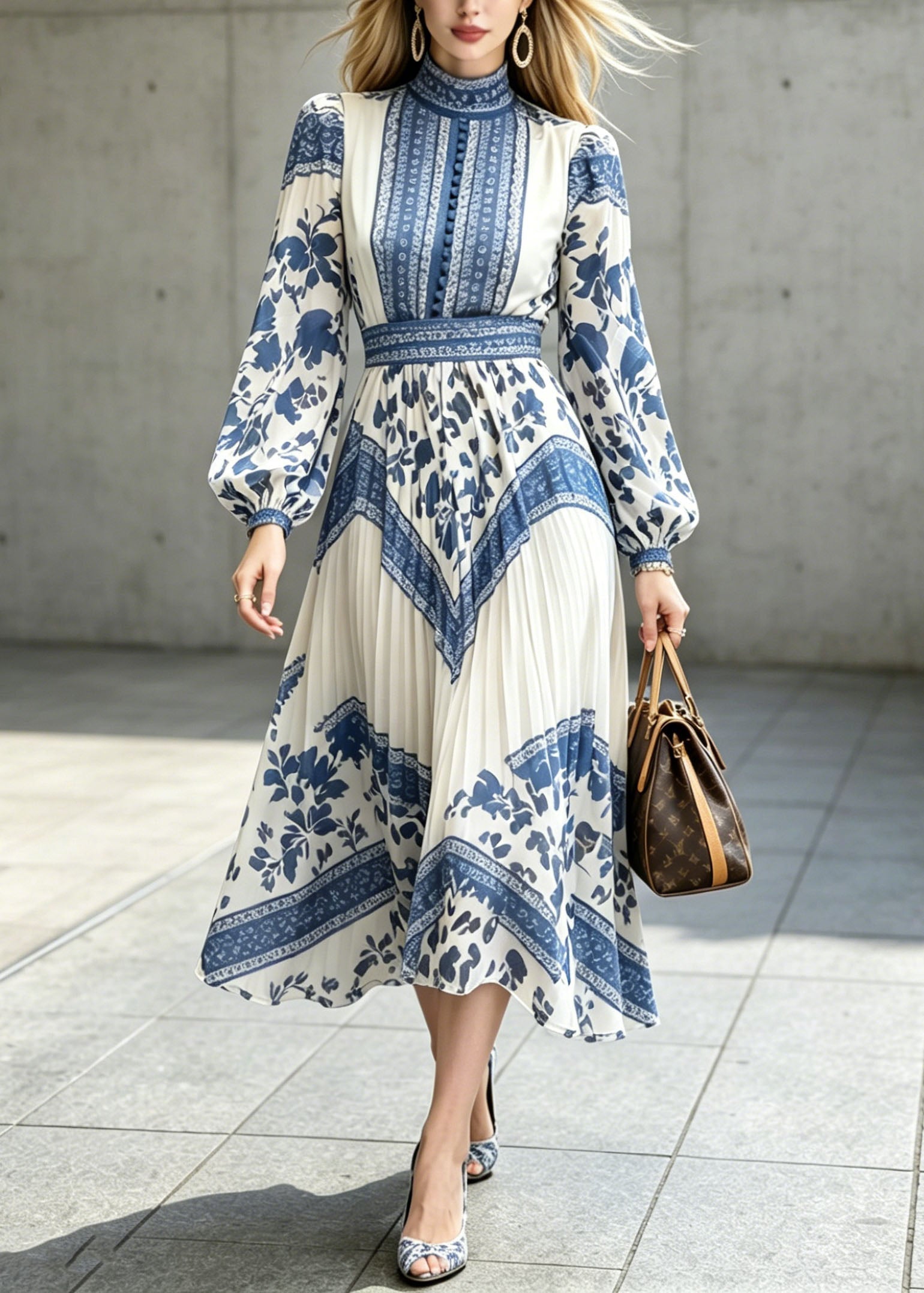 Chiffon Floral Tile Print Mock Neck Bishop Sleeve Button Pleated Midi Dress