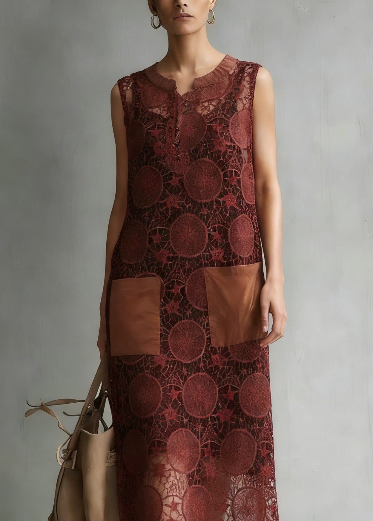 Lace Circular Motif Split Neck Patch Pocket Scalloped Hem Sleeveless Midi Dress