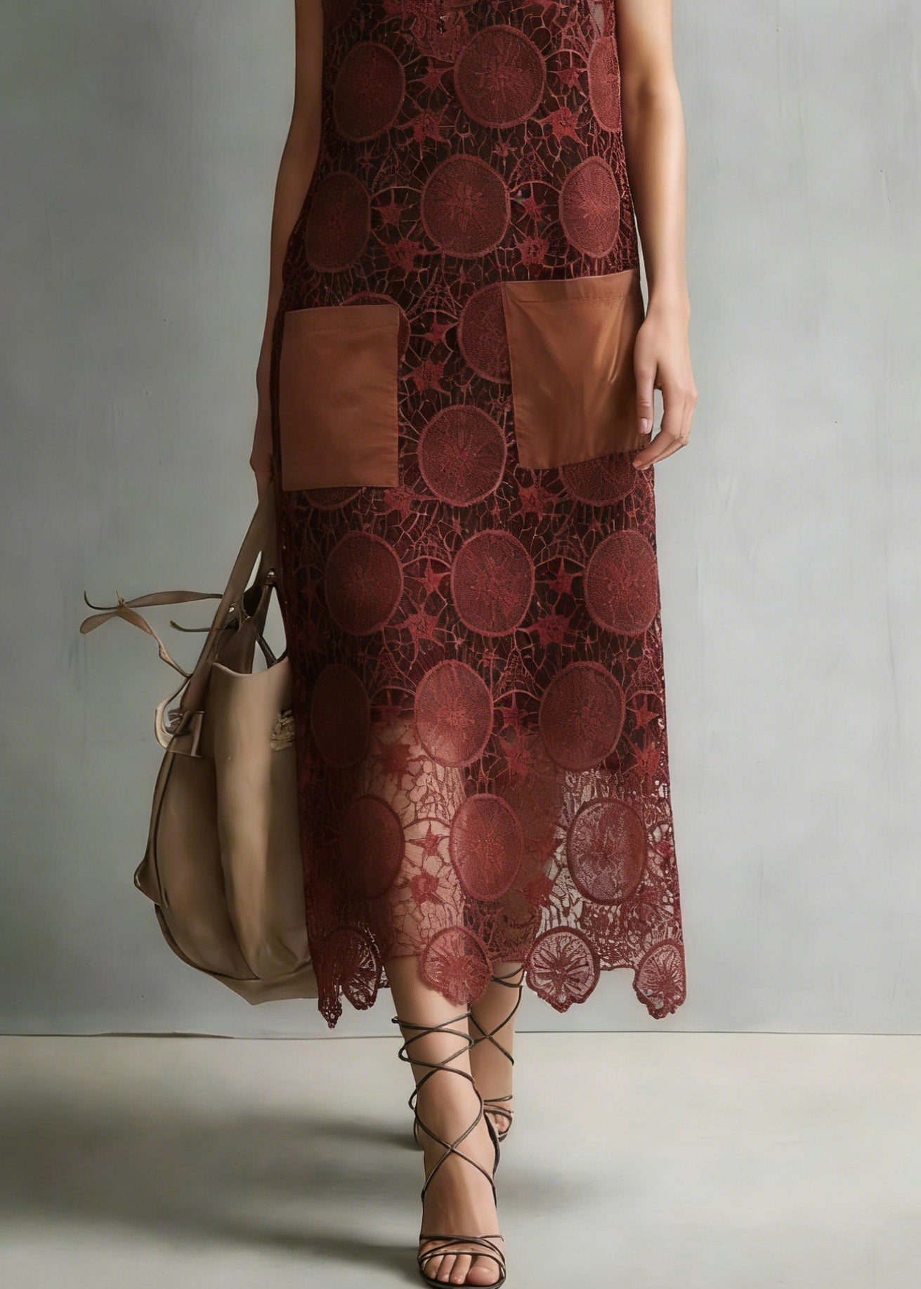 Lace Circular Motif Split Neck Patch Pocket Scalloped Hem Sleeveless Midi Dress