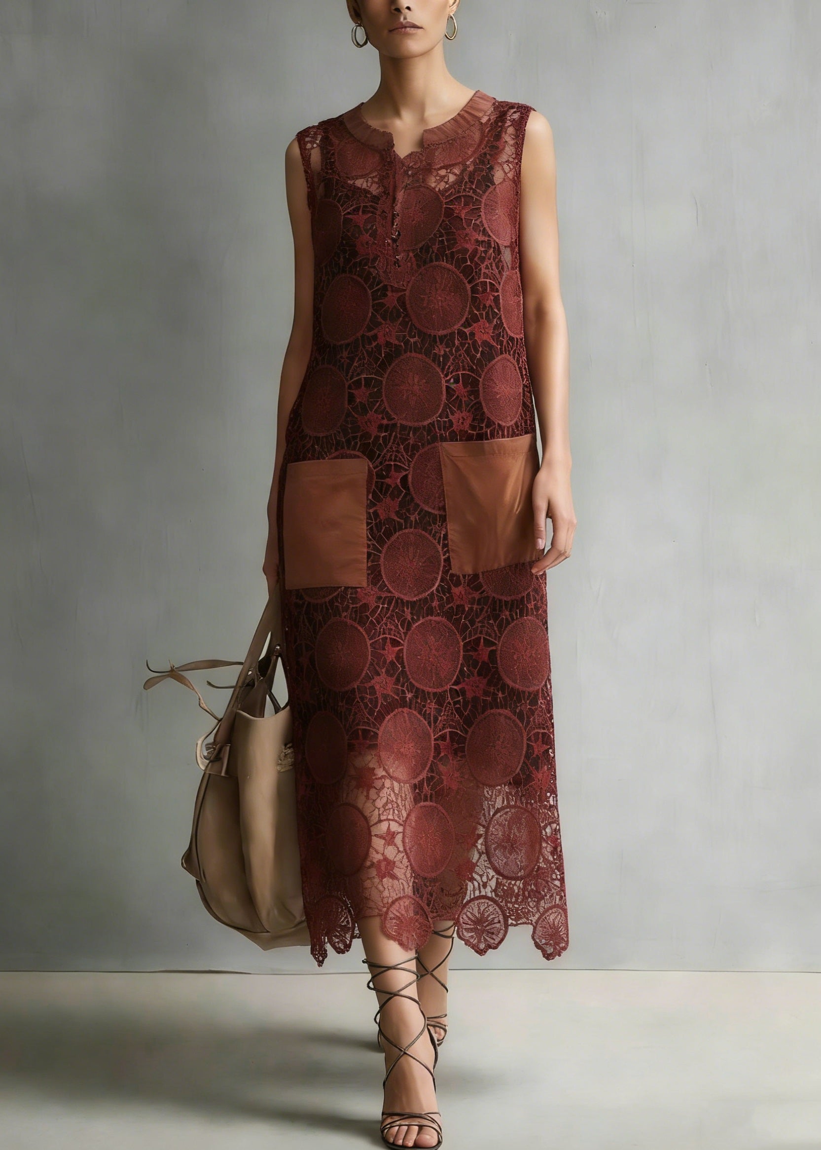 Lace Circular Motif Split Neck Patch Pocket Scalloped Hem Sleeveless Midi Dress