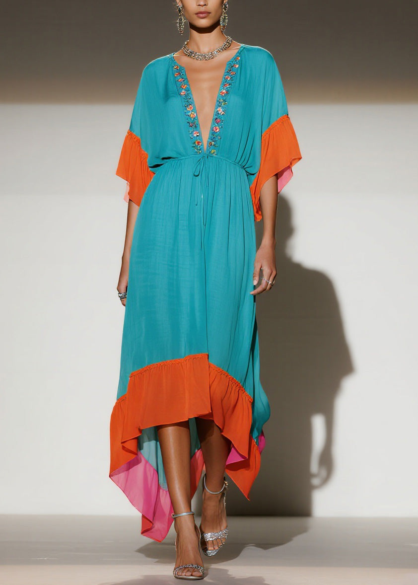 Embroidered Deep V-Neck Ruffle Sleeve Drawstring Maxi Dress