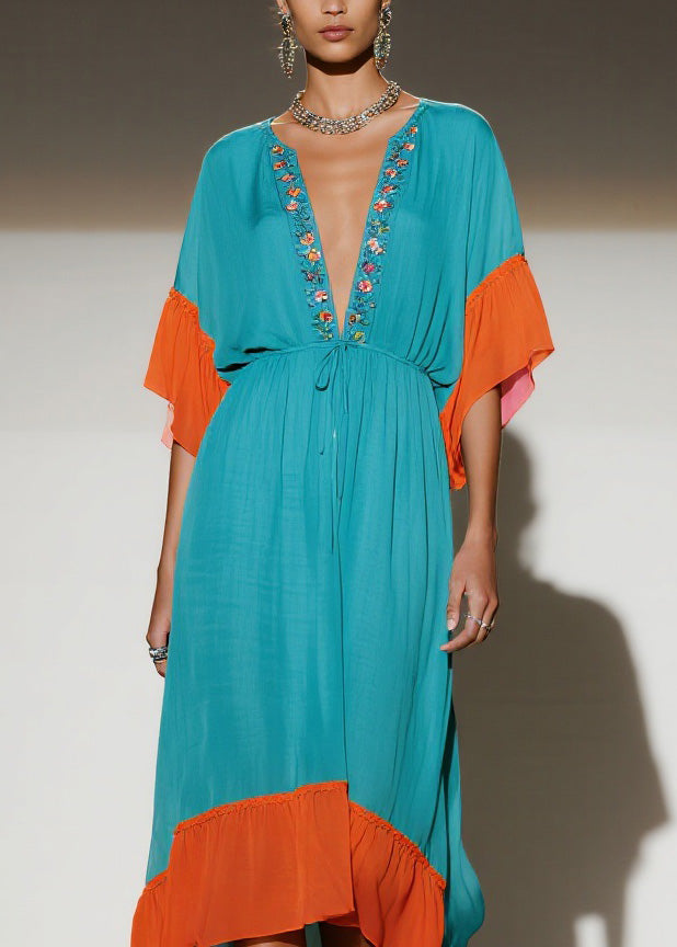 Embroidered Deep V-Neck Ruffle Sleeve Drawstring Maxi Dress - View 2