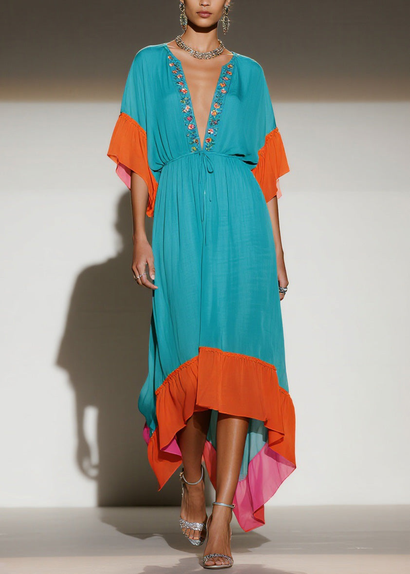 Embroidered Deep V-Neck Ruffle Sleeve Drawstring Tiered High Low Maxi Dress
