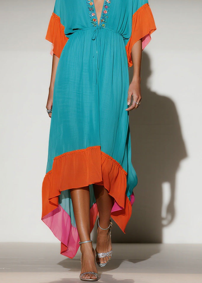 Embroidered Deep V-Neck Ruffle Sleeve Drawstring Maxi Dress - View 4