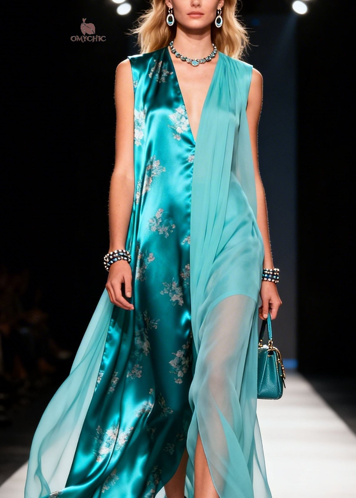 Chiffon Floral V-Neck Sleeveless Sheer Overlay Panel Maxi Dress
