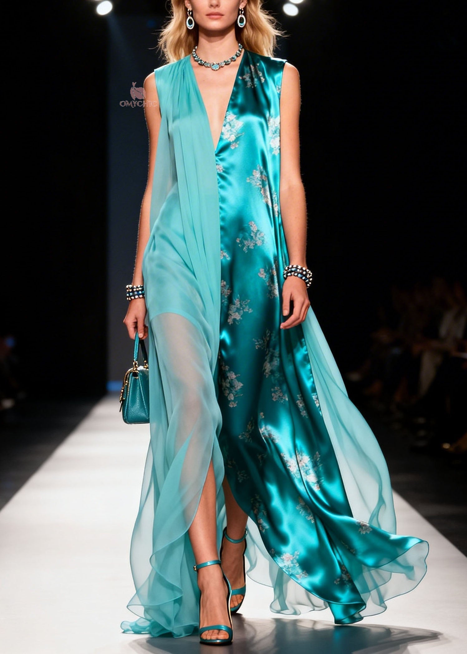 Chiffon Floral V-Neck Sleeveless Sheer Overlay Panel Maxi Dress