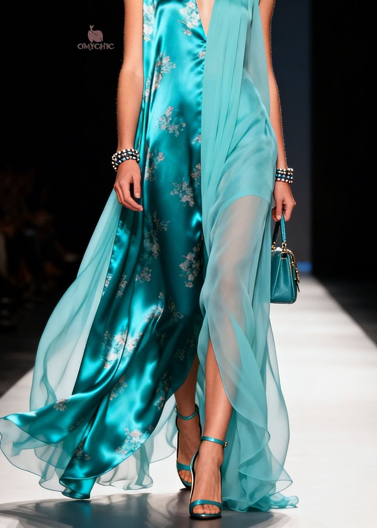 Chiffon Floral V-Neck Sleeveless Sheer Overlay Panel Maxi Dress