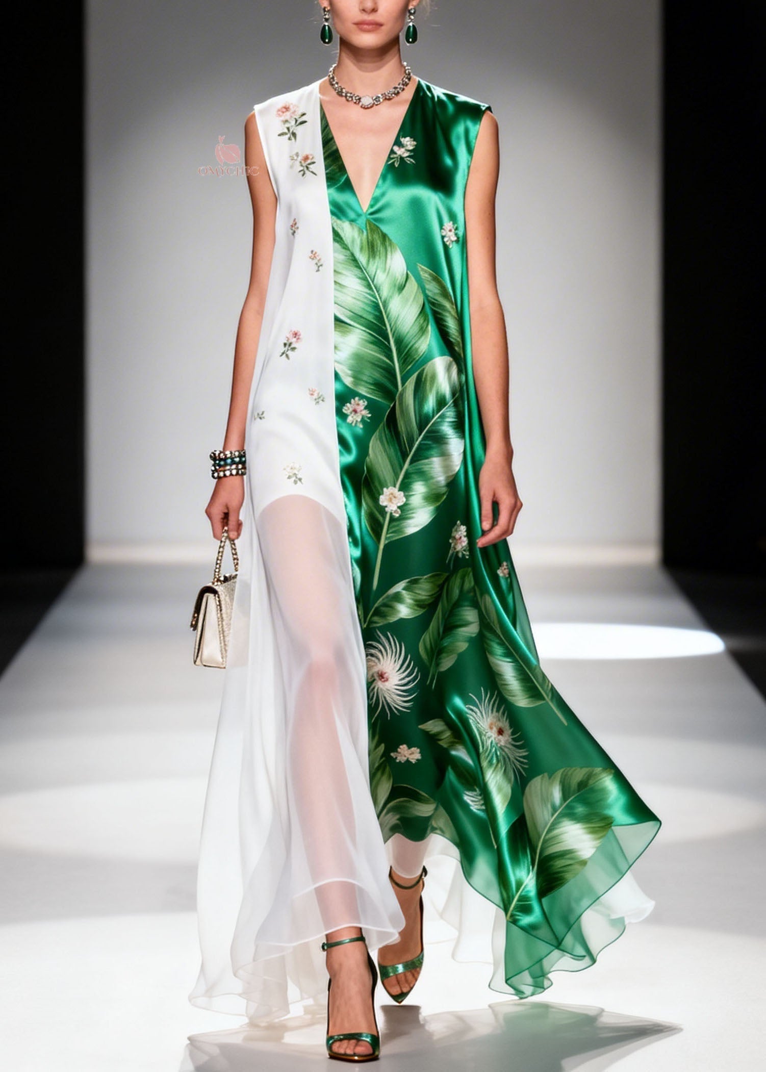 Chiffon Palm Leaf V-Neck Sleeveless Embroidered Panel Maxi Dress