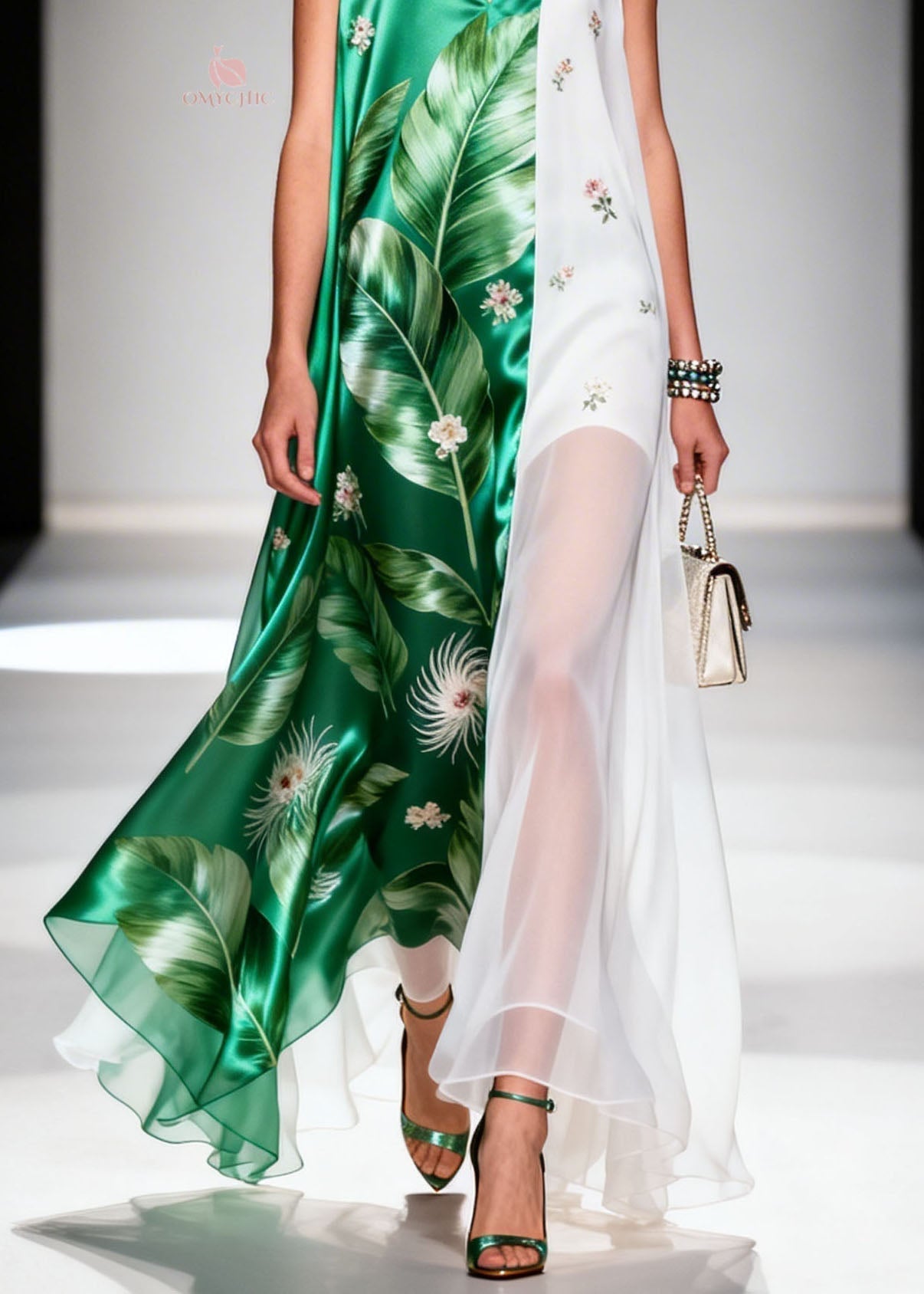 Chiffon Palm Leaf V-Neck Sleeveless Embroidered Panel Maxi Dress