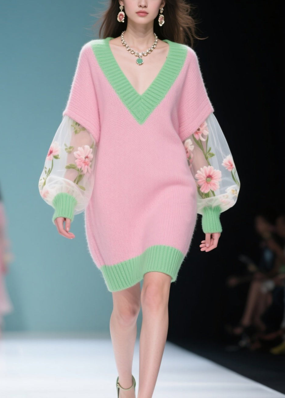 V-Neck Knit Tulle Floral Embroidered Balloon Sleeve Mini Dress