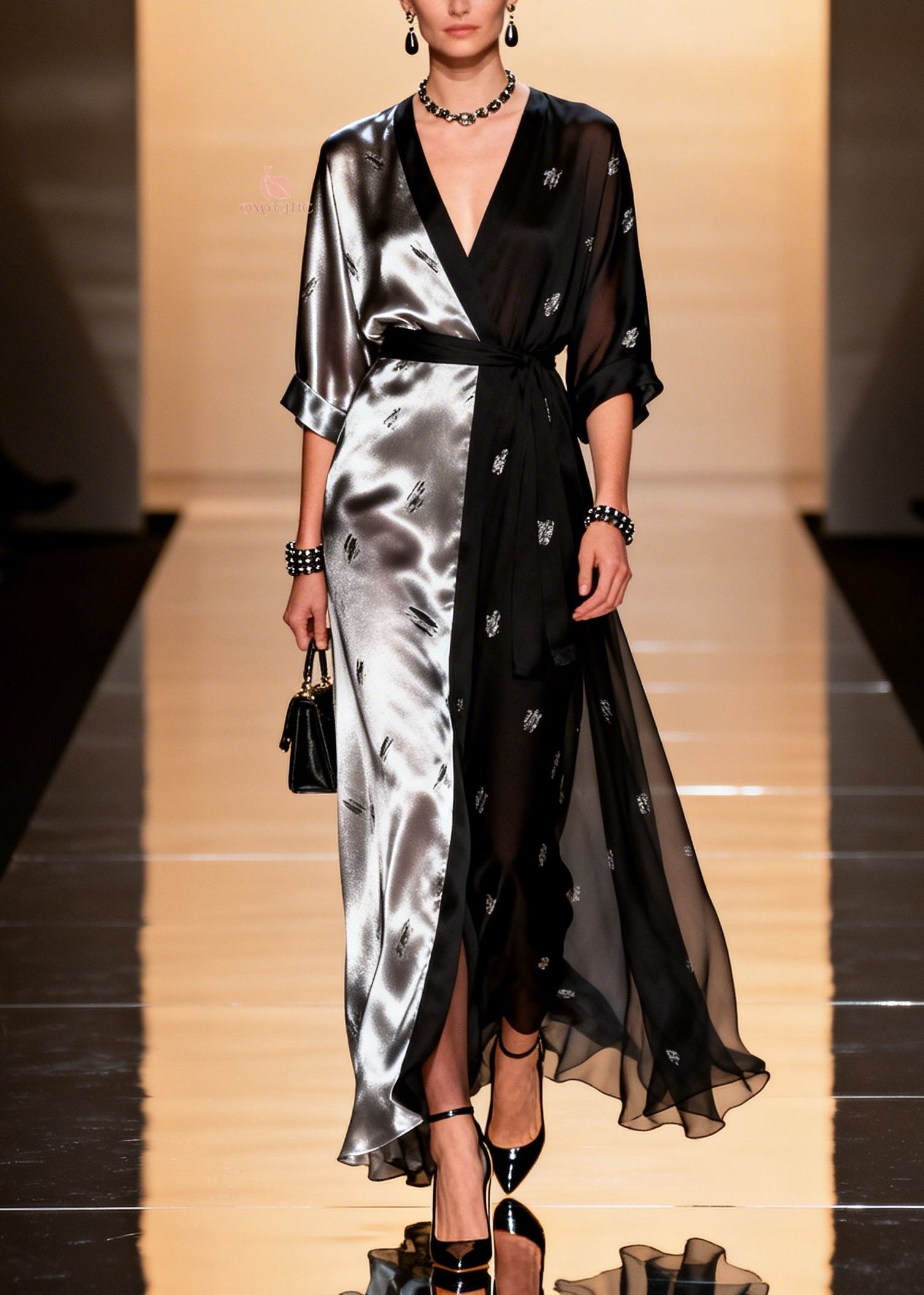 Deep V-Neck Wrap Kimono Sleeve Beetle Print Split Sheer Panel Maxi Gown