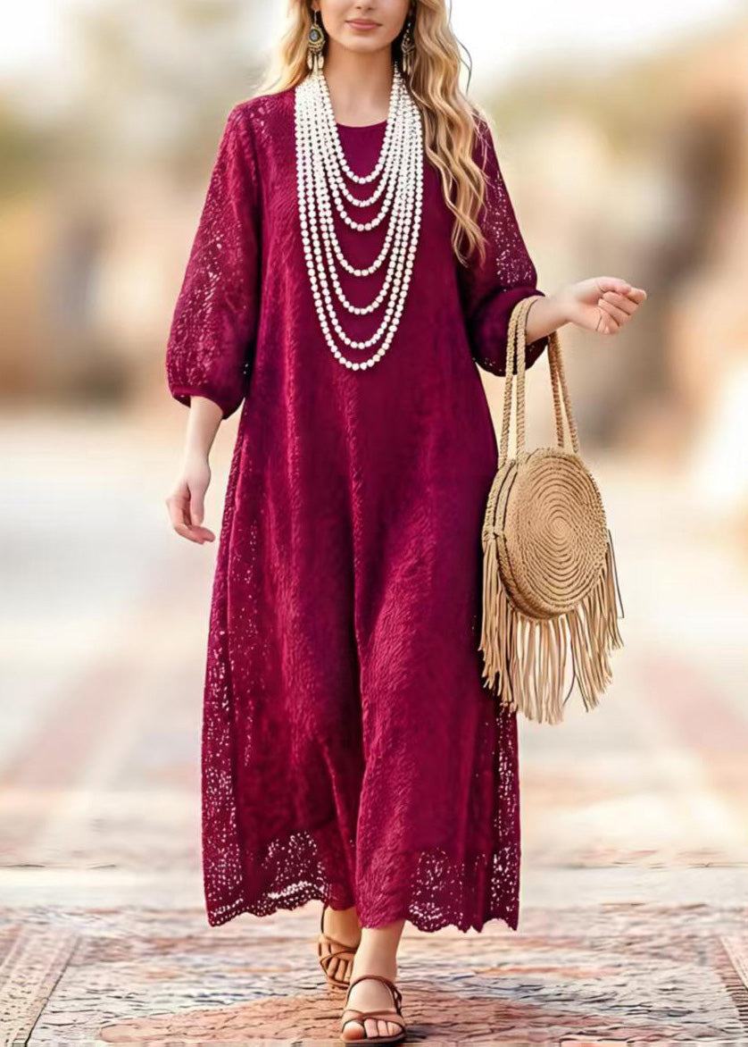 Lace Cut Out Round Neck 3/4 Sleeve Scalloped Hem Maxi Summer Dress