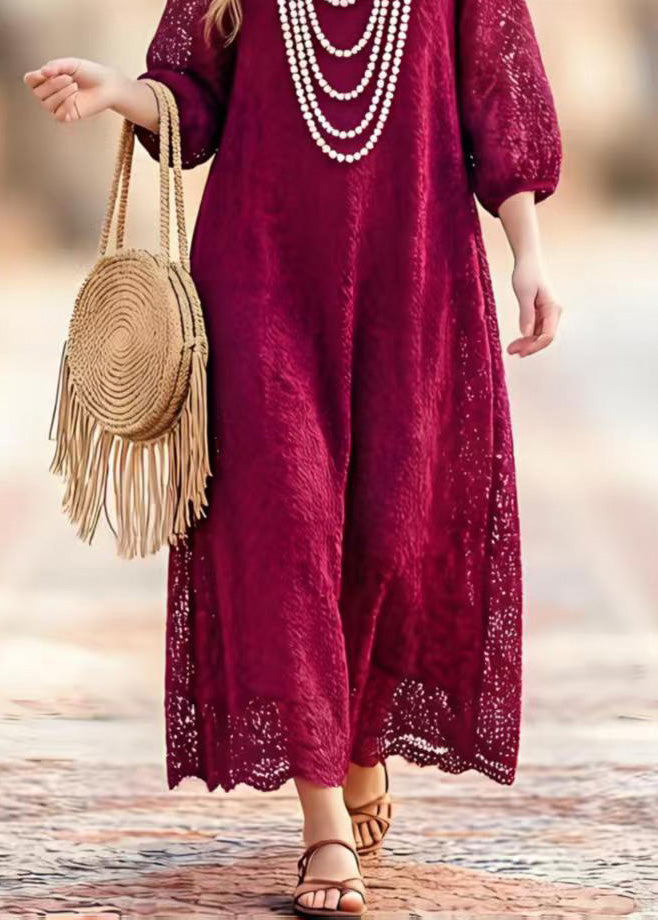 Lace Cut Out Round Neck 3/4 Sleeve Scalloped Hem Maxi Summer Dress