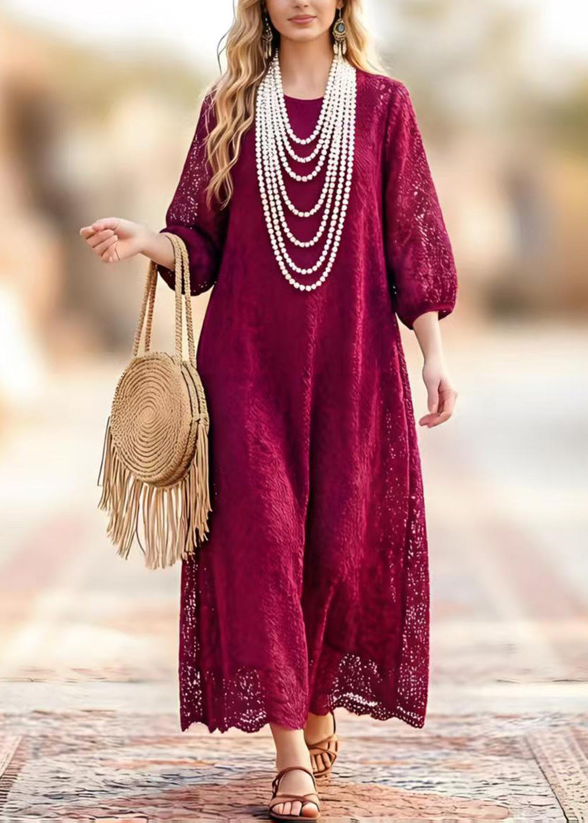 Lace Cut Out Round Neck 3/4 Sleeve Scalloped Hem Maxi Summer Dress