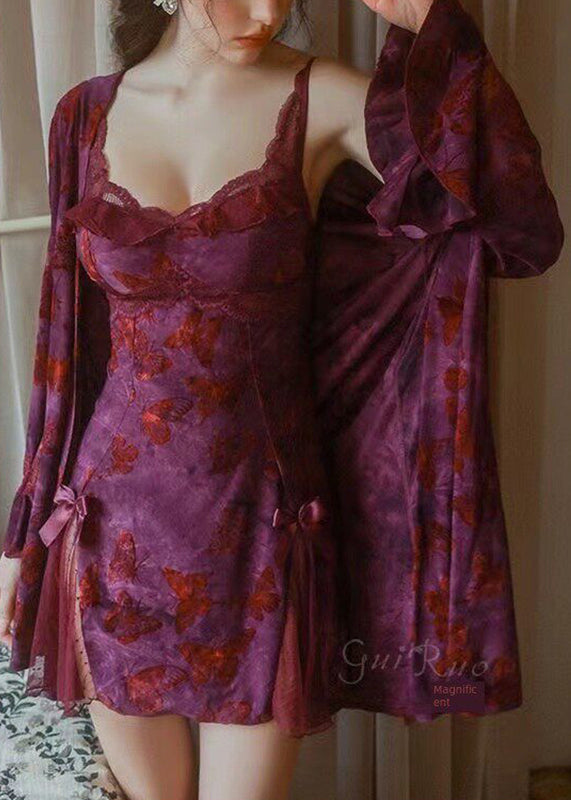 New Dark Purple Print Ice Silk Cardigans And Dress Pajama Set