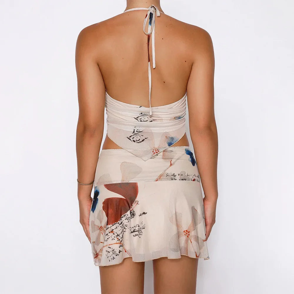 Deep Vneck Floral Halter Mini Skirt